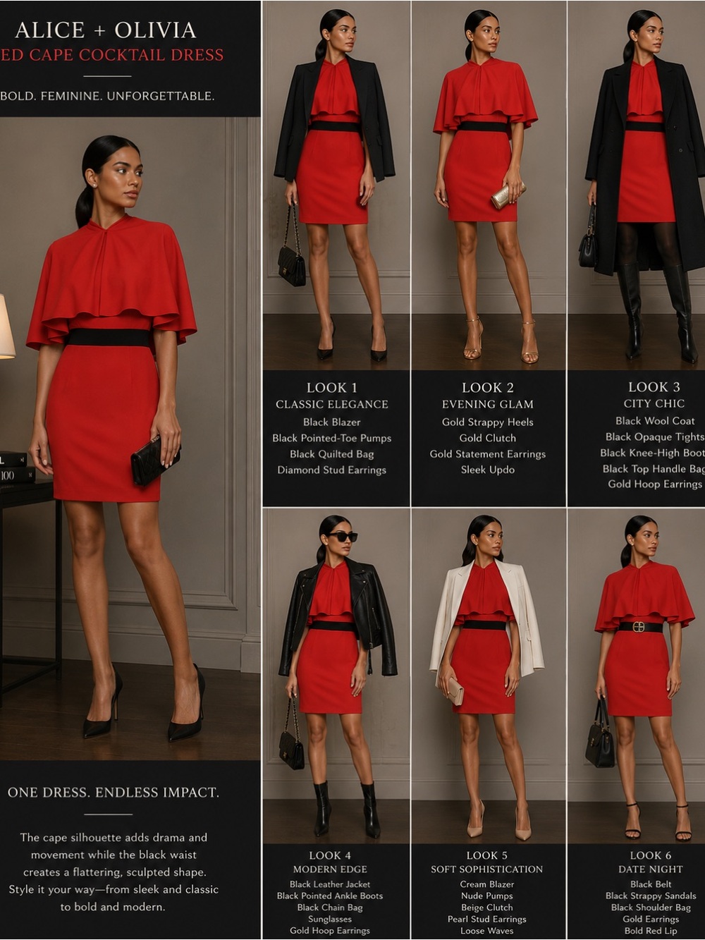Alice + Olivia Red Cape Cocktail Dress Black Waist Party Dress Size 6